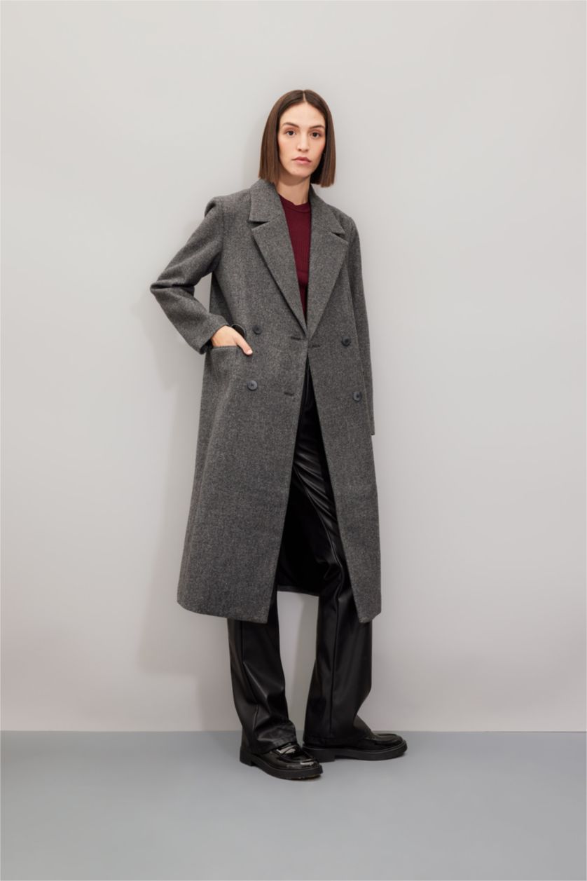 Kadın Antrasit Regular Kalıp Kruvaze Yaka Düğmeli Cepli Uzun Kaşe Kaban