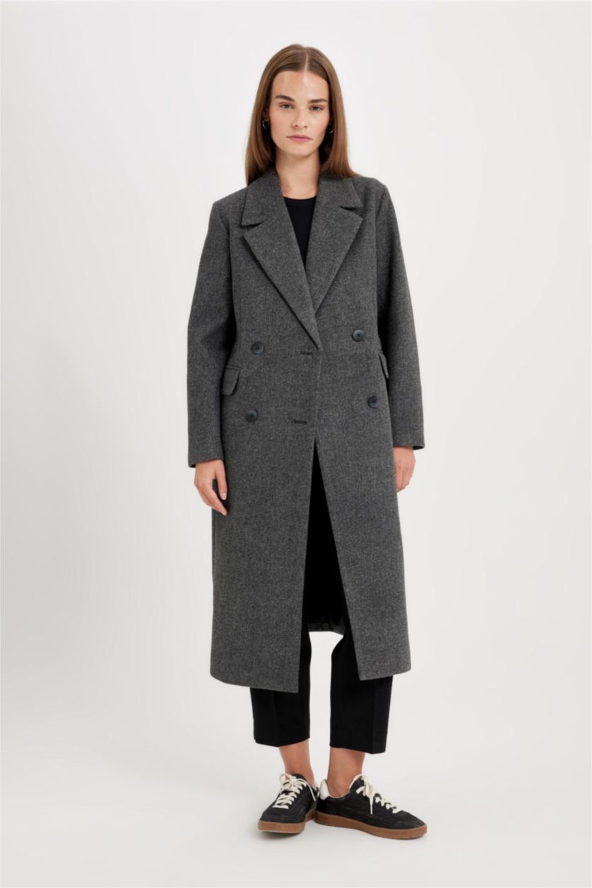 Kadın Antrasit Regular Kalıp Kruvaze Yaka Düğmeli Cepli Uzun Kaşe Kaban