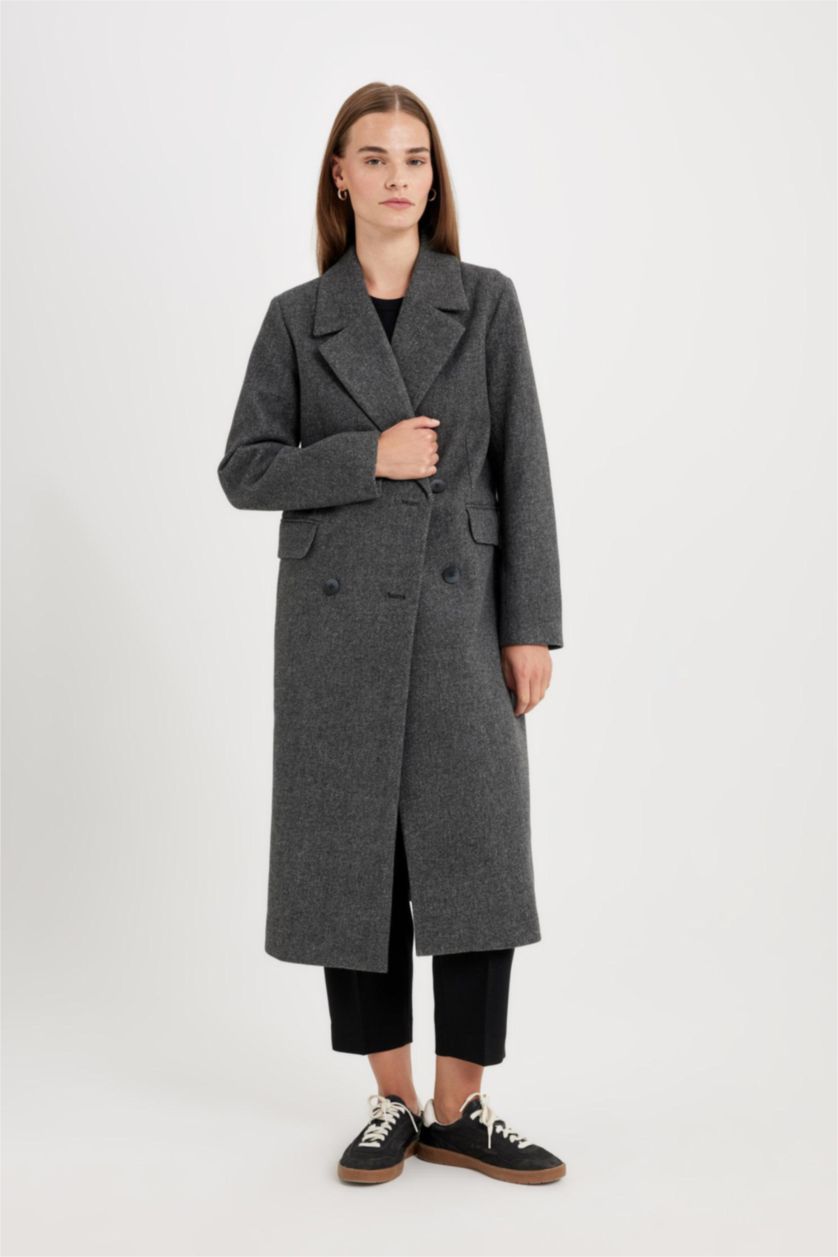 Kadın Antrasit Regular Kalıp Kruvaze Yaka Düğmeli Cepli Uzun Kaşe Kaban