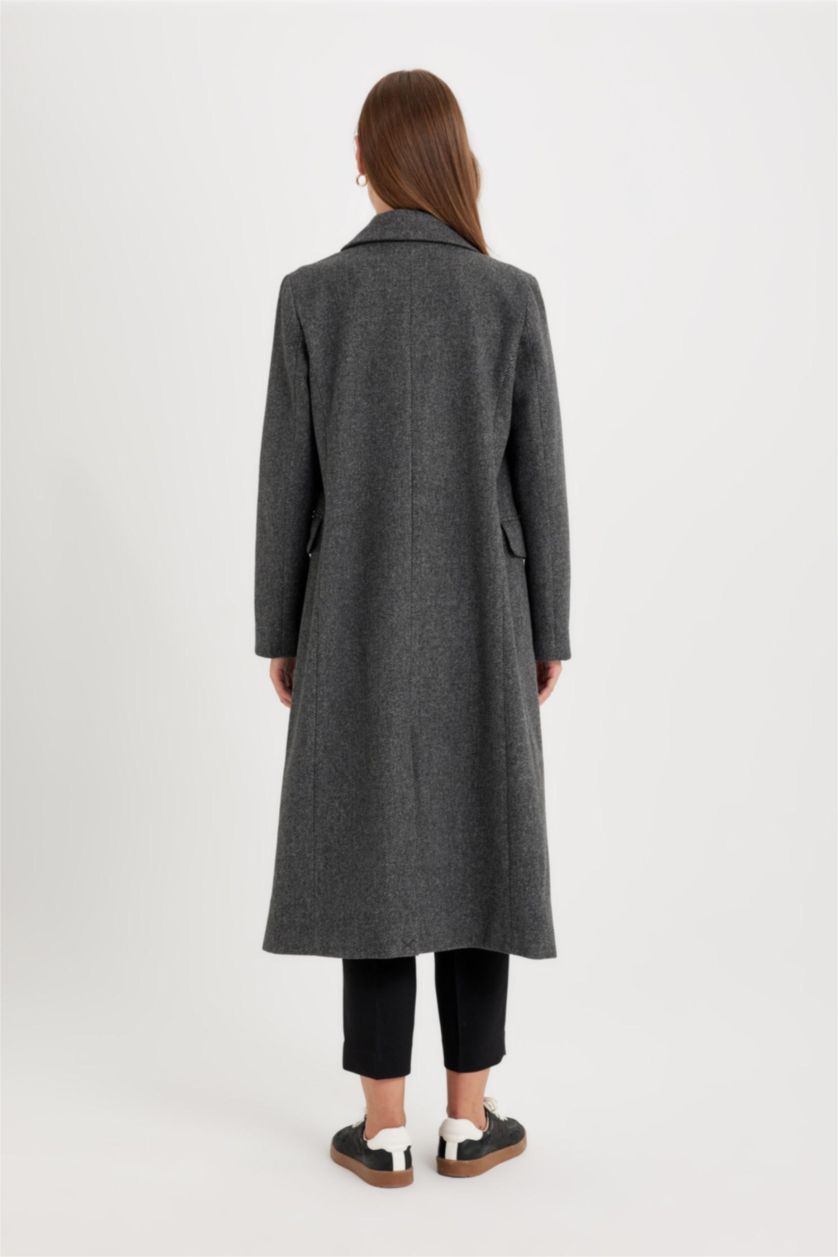 Kadın Antrasit Regular Kalıp Kruvaze Yaka Düğmeli Cepli Uzun Kaşe Kaban