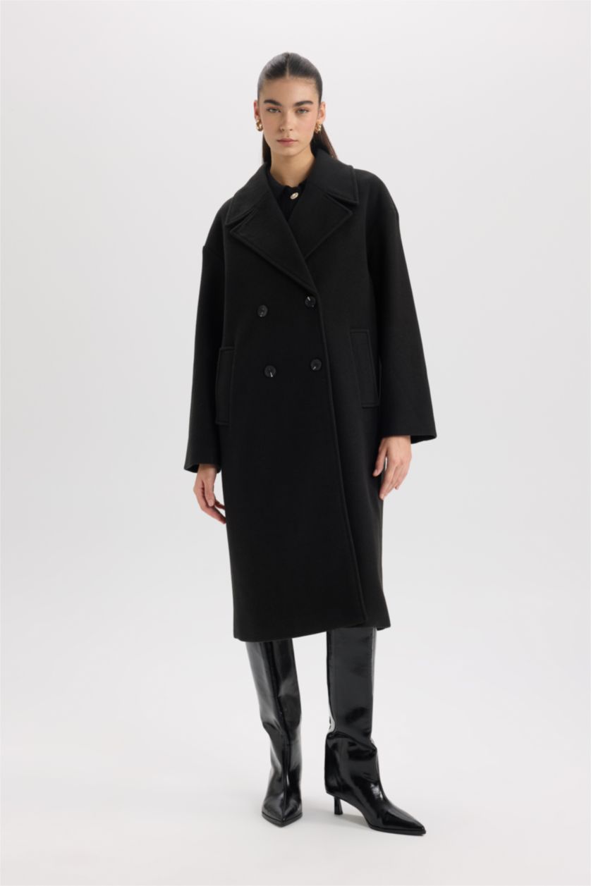 Kadın Siyah Oversize Geniş Kalıp Ceket Yaka Düğmeli Uzun Kaşe Kaban