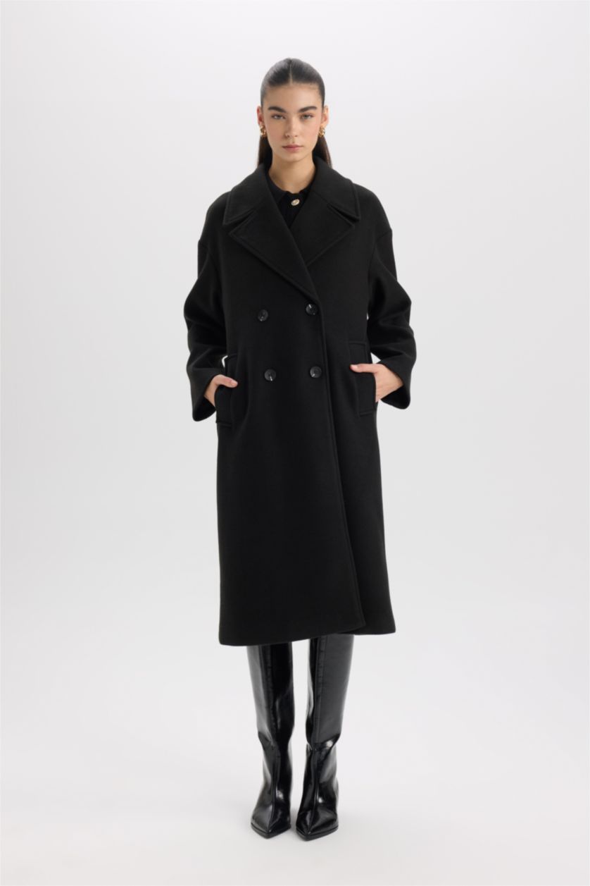 Kadın Siyah Oversize Geniş Kalıp Ceket Yaka Düğmeli Uzun Kaşe Kaban