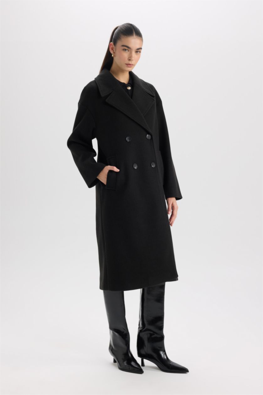 Kadın Siyah Oversize Geniş Kalıp Ceket Yaka Düğmeli Uzun Kaşe Kaban