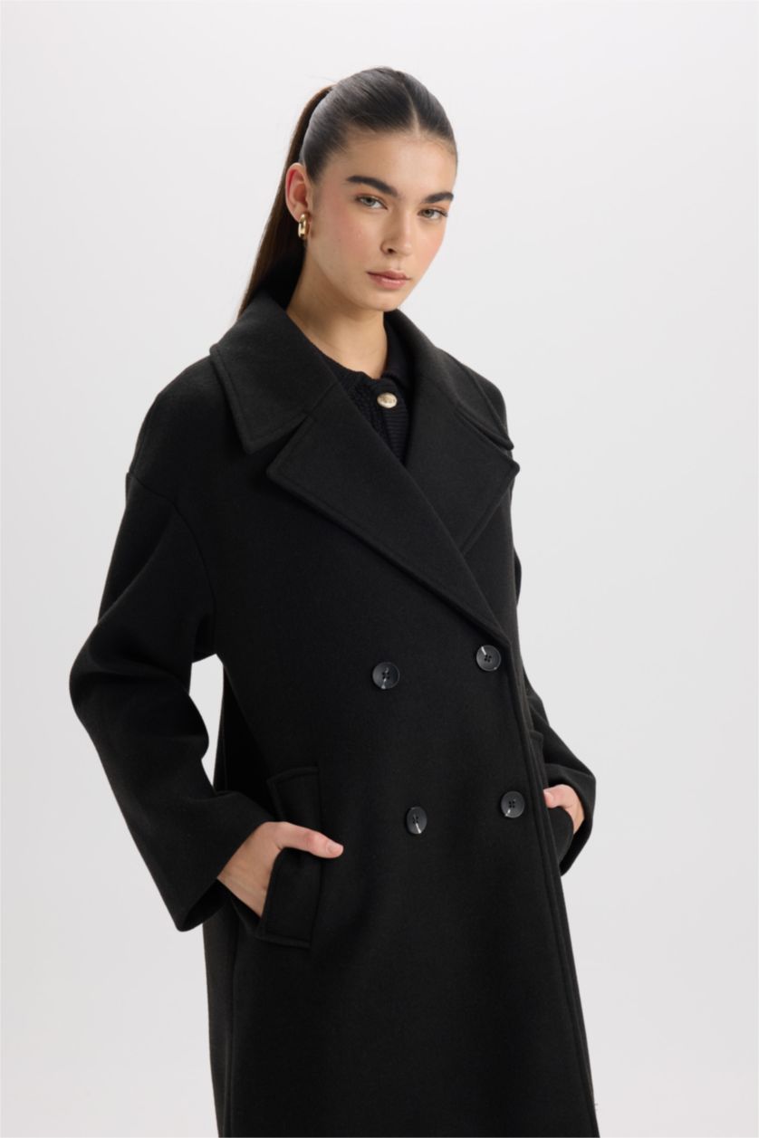 Kadın Siyah Oversize Geniş Kalıp Ceket Yaka Düğmeli Uzun Kaşe Kaban