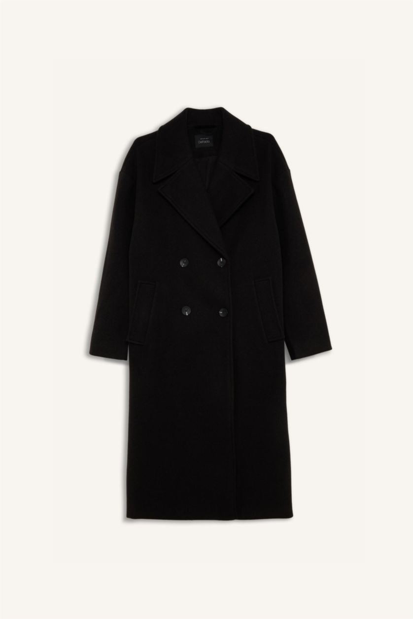 Kadın Siyah Oversize Geniş Kalıp Ceket Yaka Düğmeli Uzun Kaşe Kaban