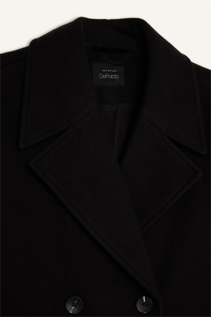 Kadın Siyah Oversize Geniş Kalıp Ceket Yaka Düğmeli Uzun Kaşe Kaban