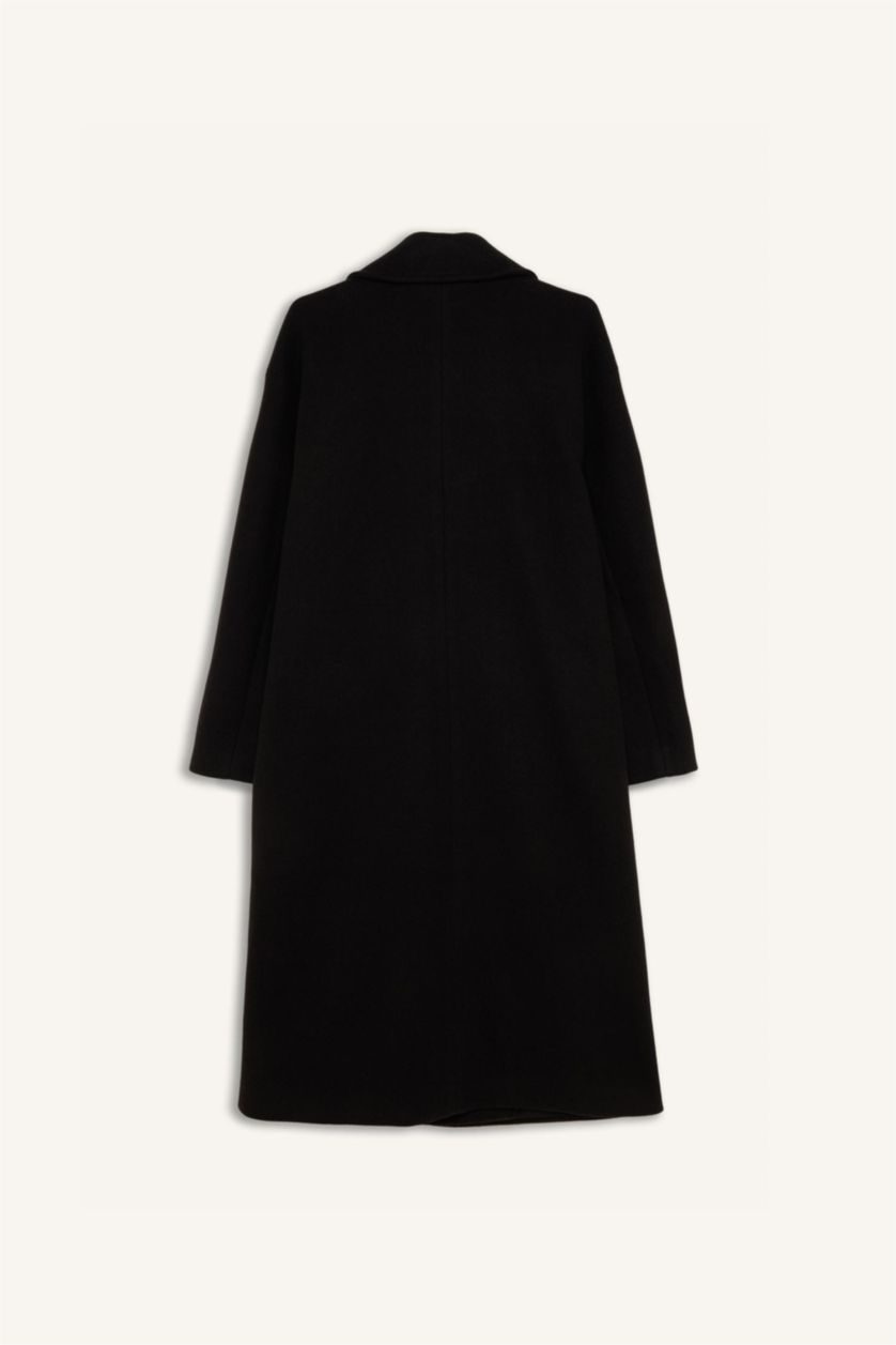 Kadın Siyah Oversize Geniş Kalıp Ceket Yaka Düğmeli Uzun Kaşe Kaban