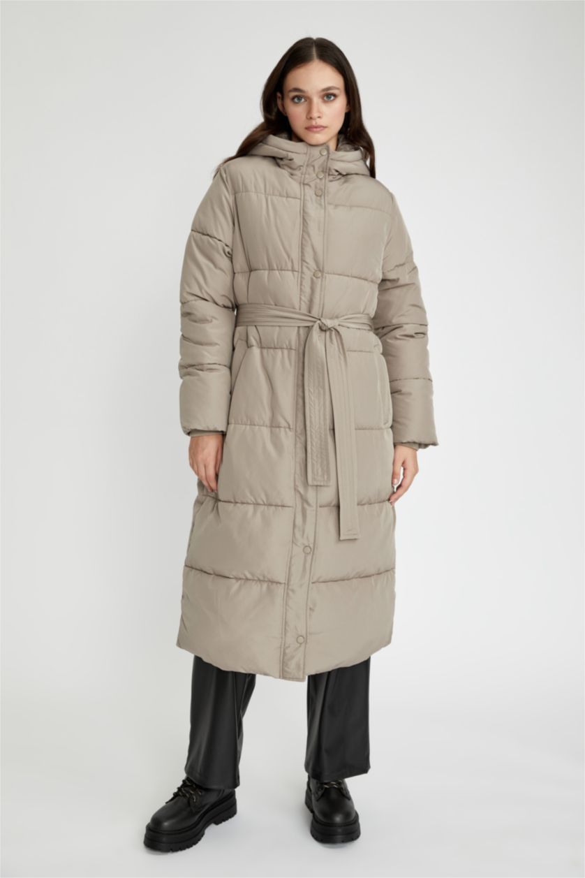 Woman Beige Hooded Long Puffer Jacket with Belt