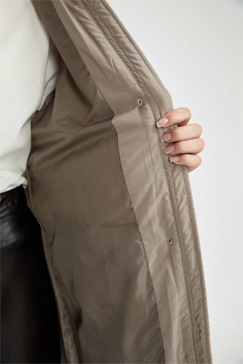 Woman Beige Hooded Long Puffer Jacket with Belt