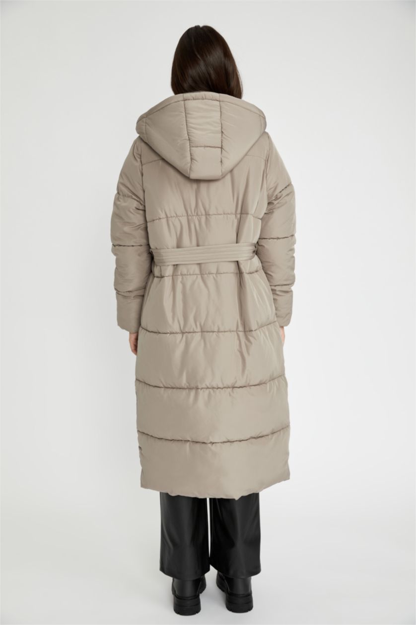 Woman Beige Hooded Long Puffer Jacket with Belt