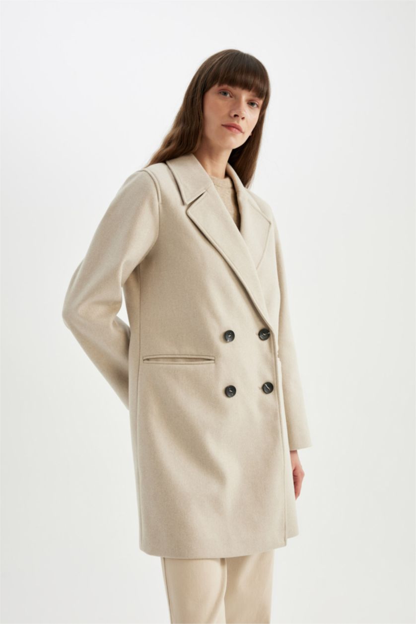 Kadın Camel Rüzgar Geçirmez Uzun Kaşe Kaban Oversize Geniş Kalıp Kruvaze Yaka Düğmeli