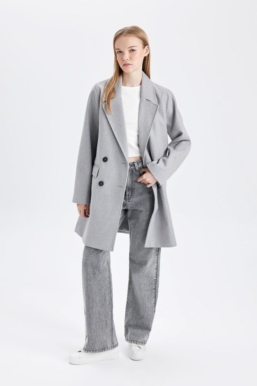 Kadın Gri Rüzgar Geçirmez Uzun Kaşe Kaban Oversize Geniş Kalıp Kruvaze Yaka Düğmeli