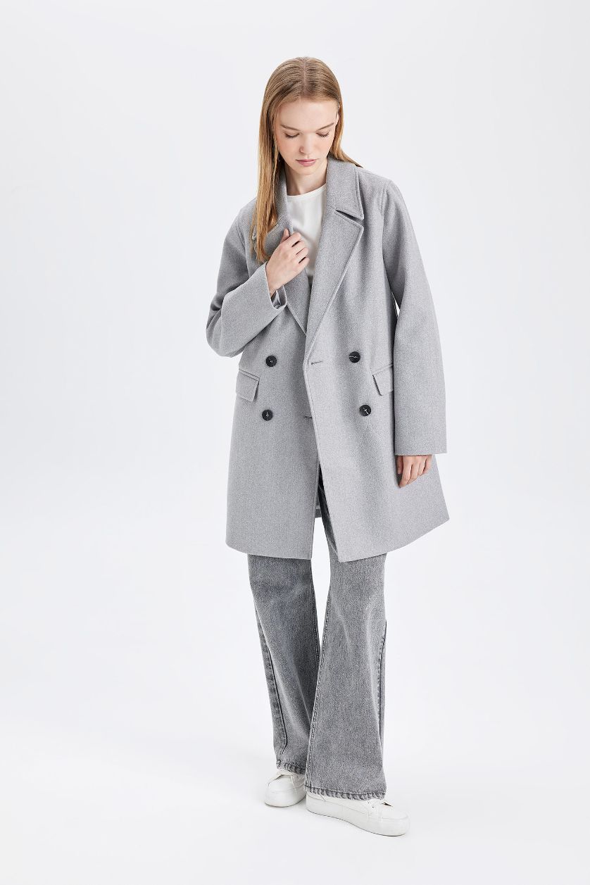 Kadın Gri Rüzgar Geçirmez Uzun Kaşe Kaban Oversize Geniş Kalıp Kruvaze Yaka Düğmeli