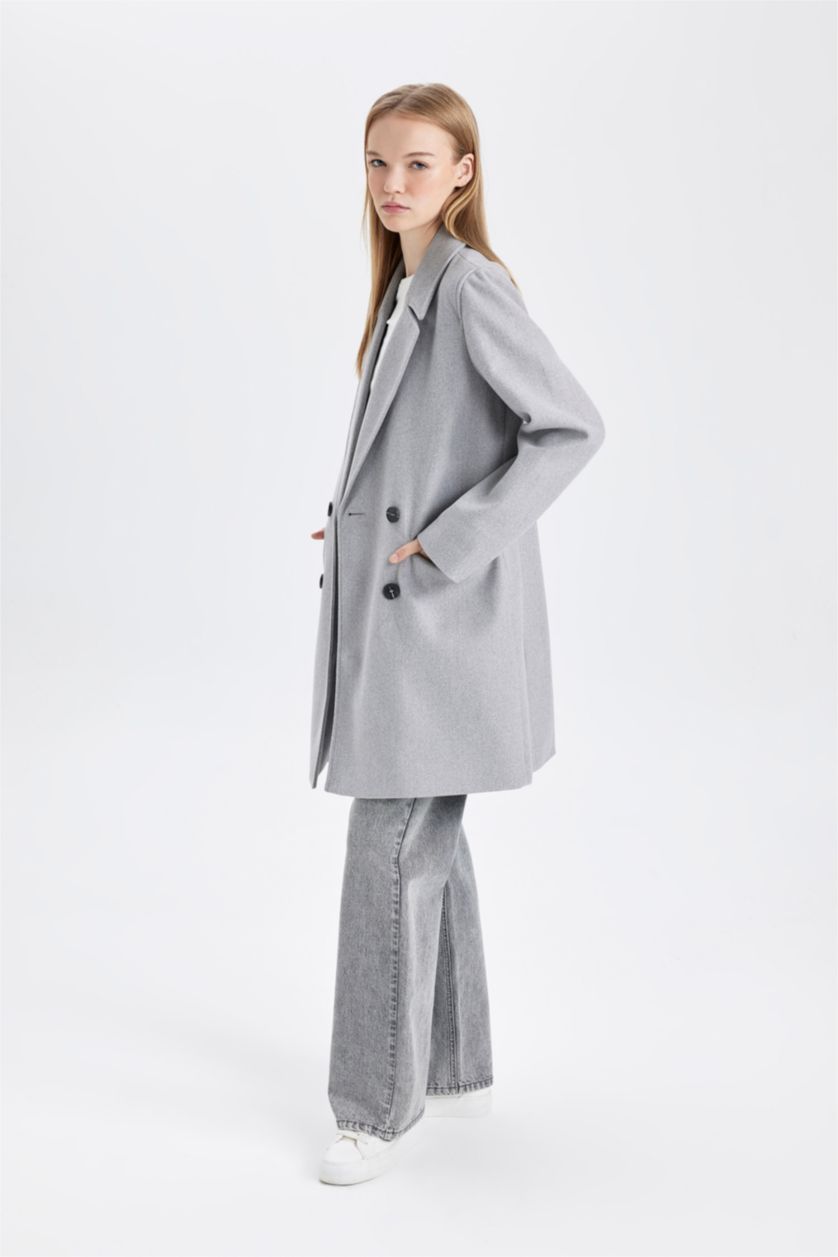 Kadın Gri Rüzgar Geçirmez Uzun Kaşe Kaban Oversize Geniş Kalıp Kruvaze Yaka Düğmeli