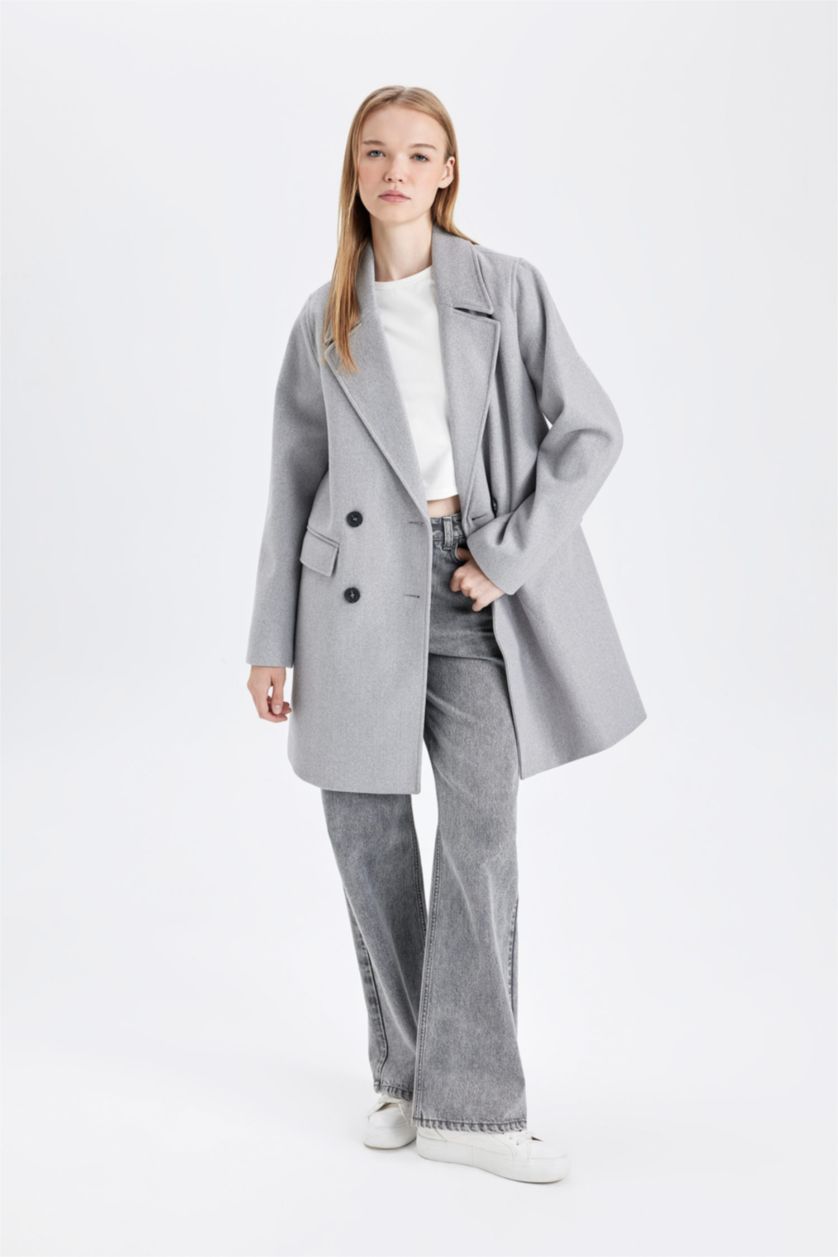 Kadın Gri Rüzgar Geçirmez Uzun Kaşe Kaban Oversize Geniş Kalıp Kruvaze Yaka Düğmeli