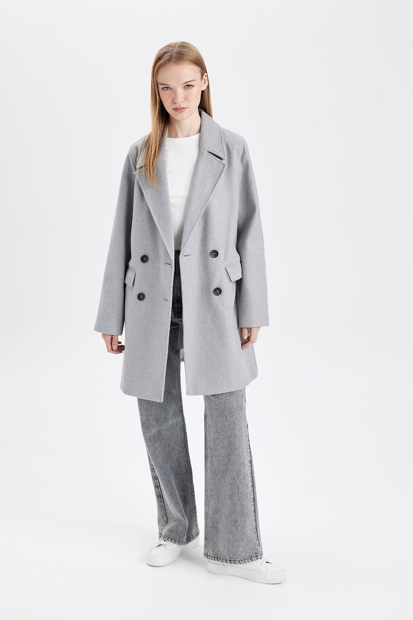 Kadın Gri Rüzgar Geçirmez Uzun Kaşe Kaban Oversize Geniş Kalıp Kruvaze Yaka Düğmeli