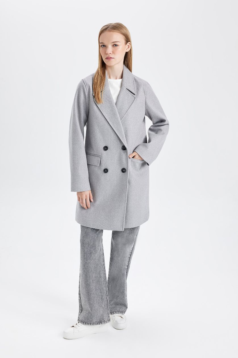 Kadın Gri Rüzgar Geçirmez Uzun Kaşe Kaban Oversize Geniş Kalıp Kruvaze Yaka Düğmeli