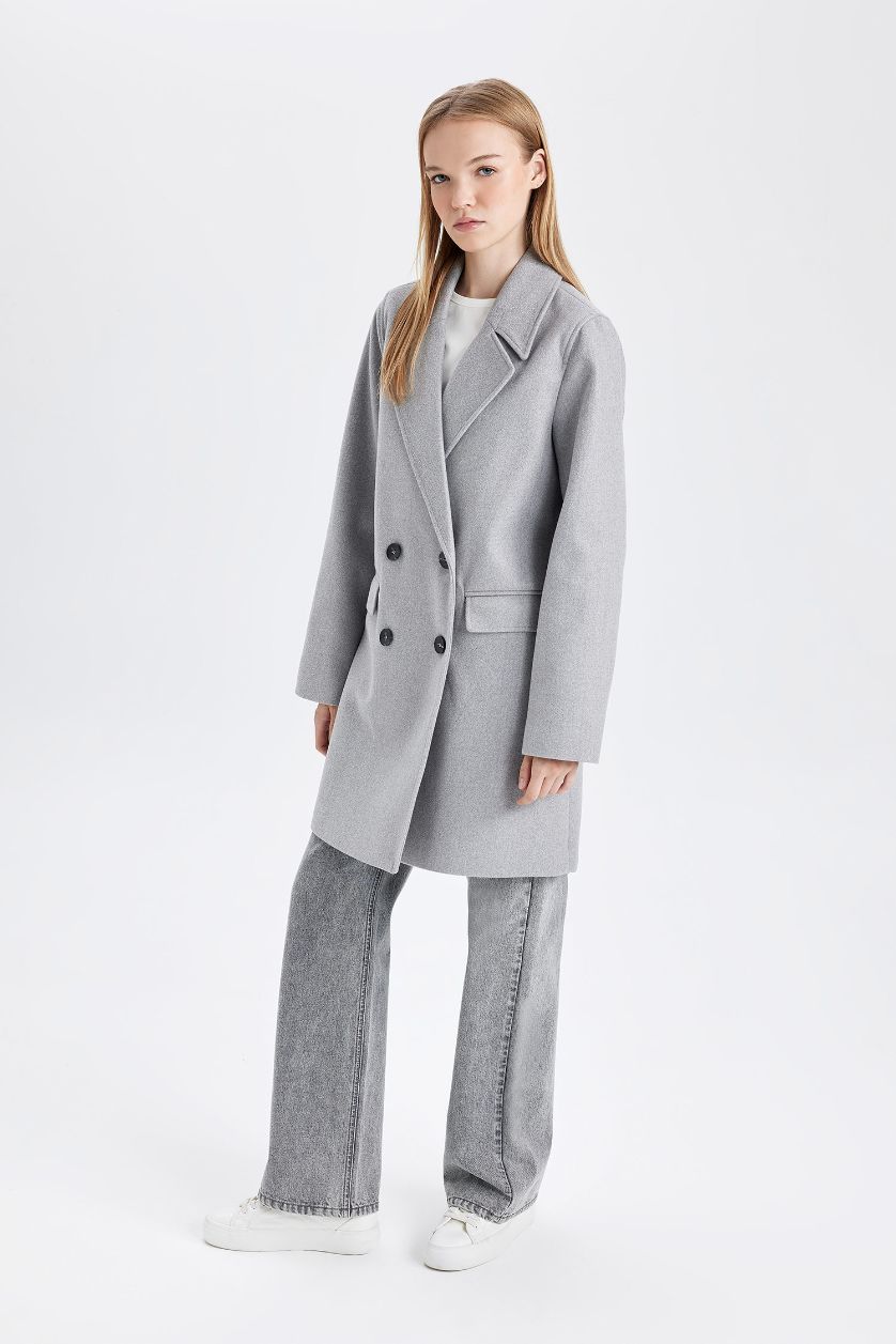 Kadın Gri Rüzgar Geçirmez Uzun Kaşe Kaban Oversize Geniş Kalıp Kruvaze Yaka Düğmeli