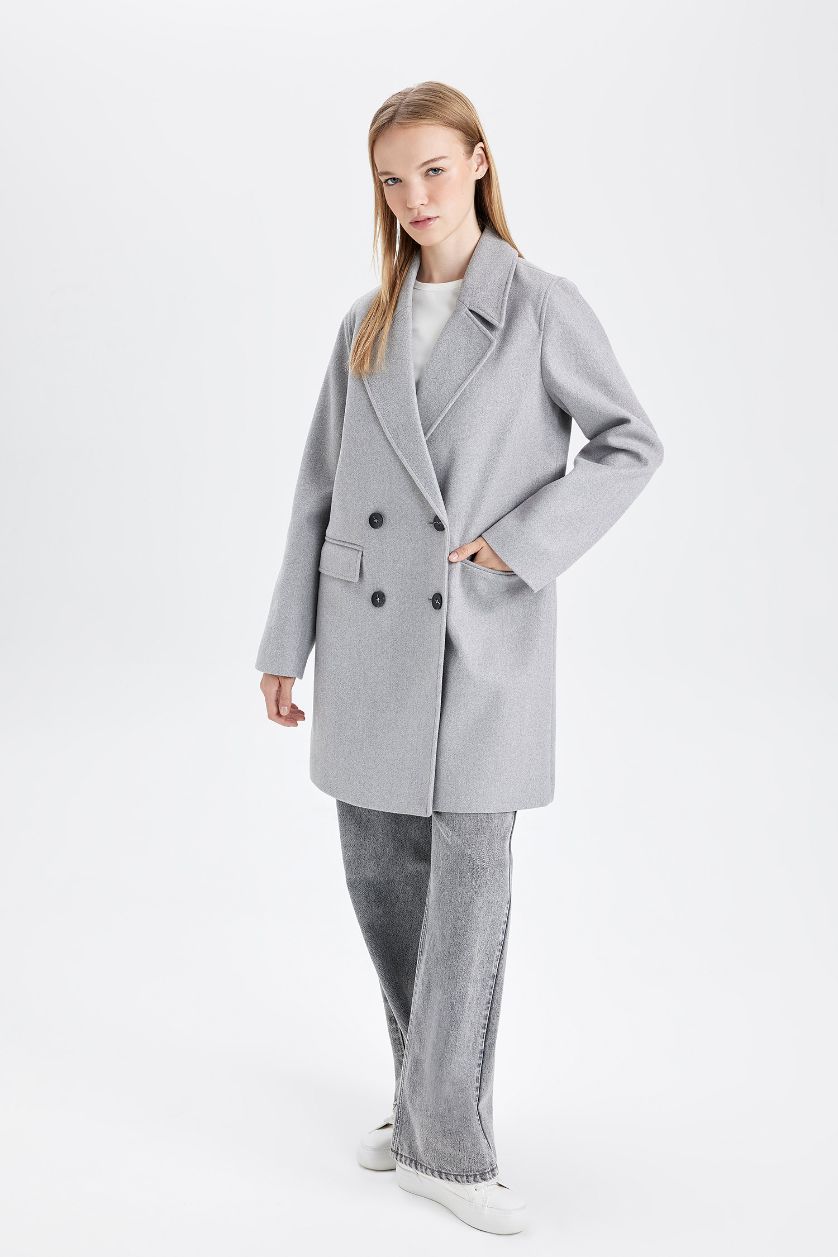 Kadın Gri Rüzgar Geçirmez Uzun Kaşe Kaban Oversize Geniş Kalıp Kruvaze Yaka Düğmeli