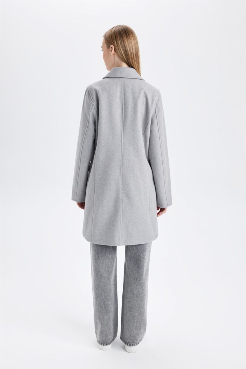 Kadın Gri Rüzgar Geçirmez Uzun Kaşe Kaban Oversize Geniş Kalıp Kruvaze Yaka Düğmeli