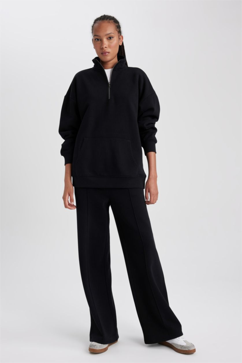 WOMAN Black Straight Fit Thick Sweatshirt Fabric Trousers