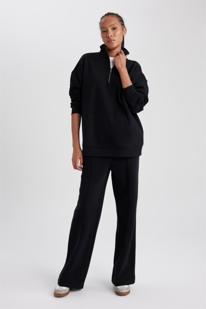 WOMAN Black Straight Fit Thick Sweatshirt Fabric Trousers