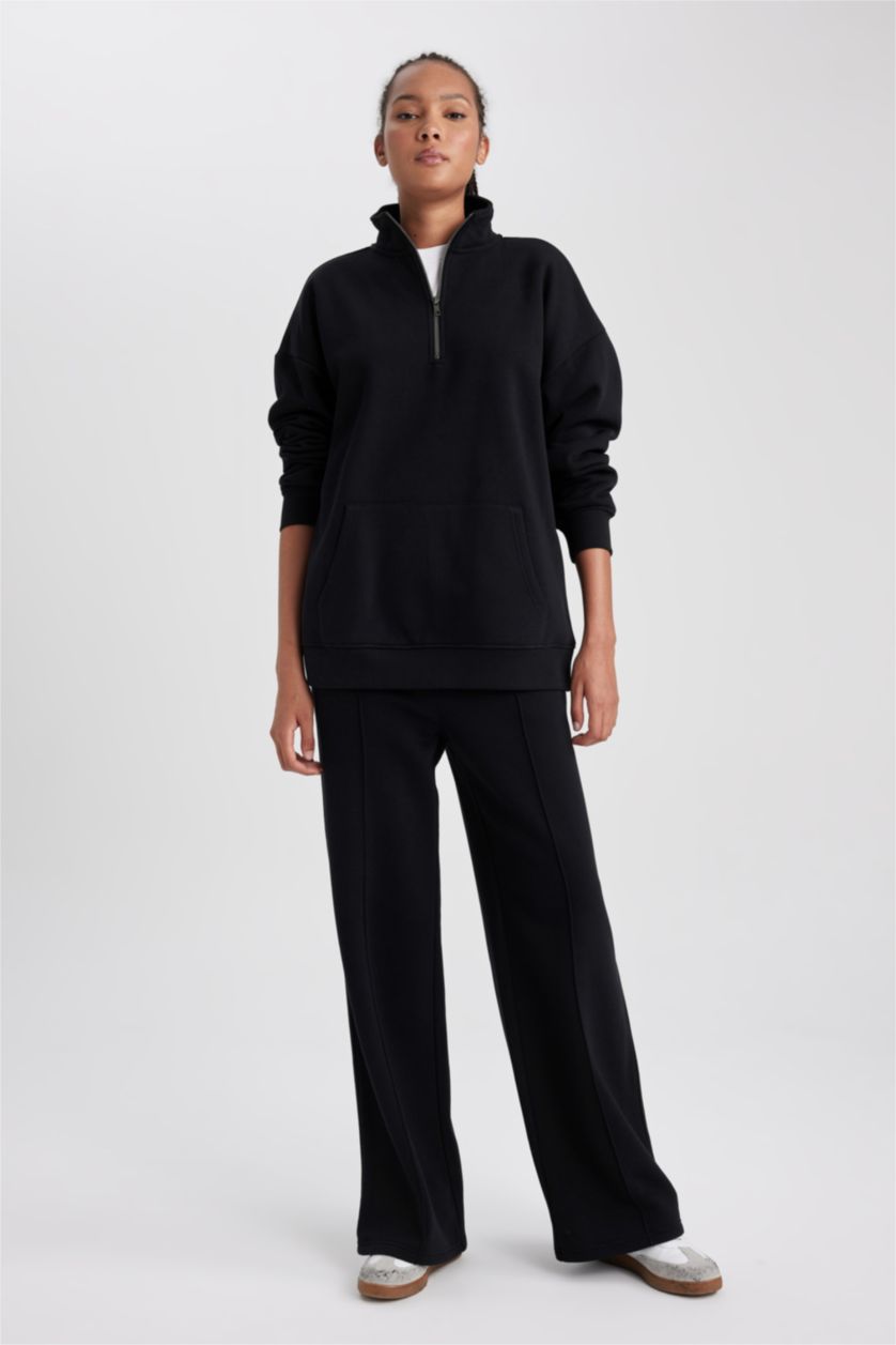 WOMAN Black Straight Fit Thick Sweatshirt Fabric Trousers