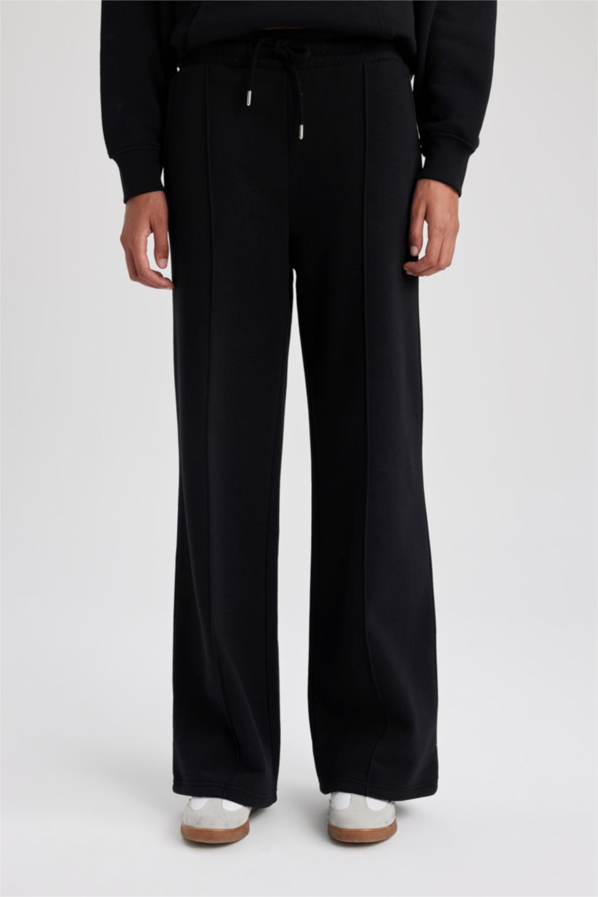 WOMAN Black Straight Fit Thick Sweatshirt Fabric Trousers