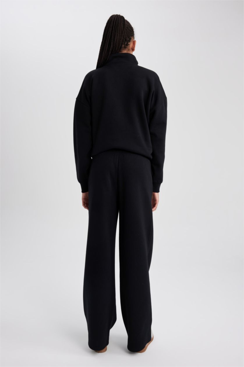 WOMAN Black Straight Fit Thick Sweatshirt Fabric Trousers