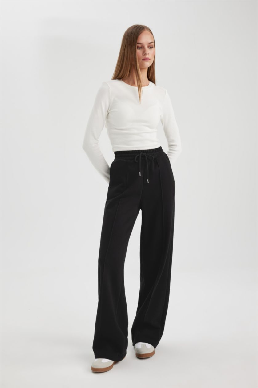 WOMAN Black Straight Fit Thick Sweatshirt Fabric Trousers