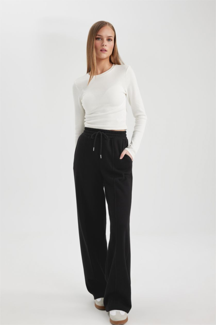 WOMAN Black Straight Fit Thick Sweatshirt Fabric Trousers