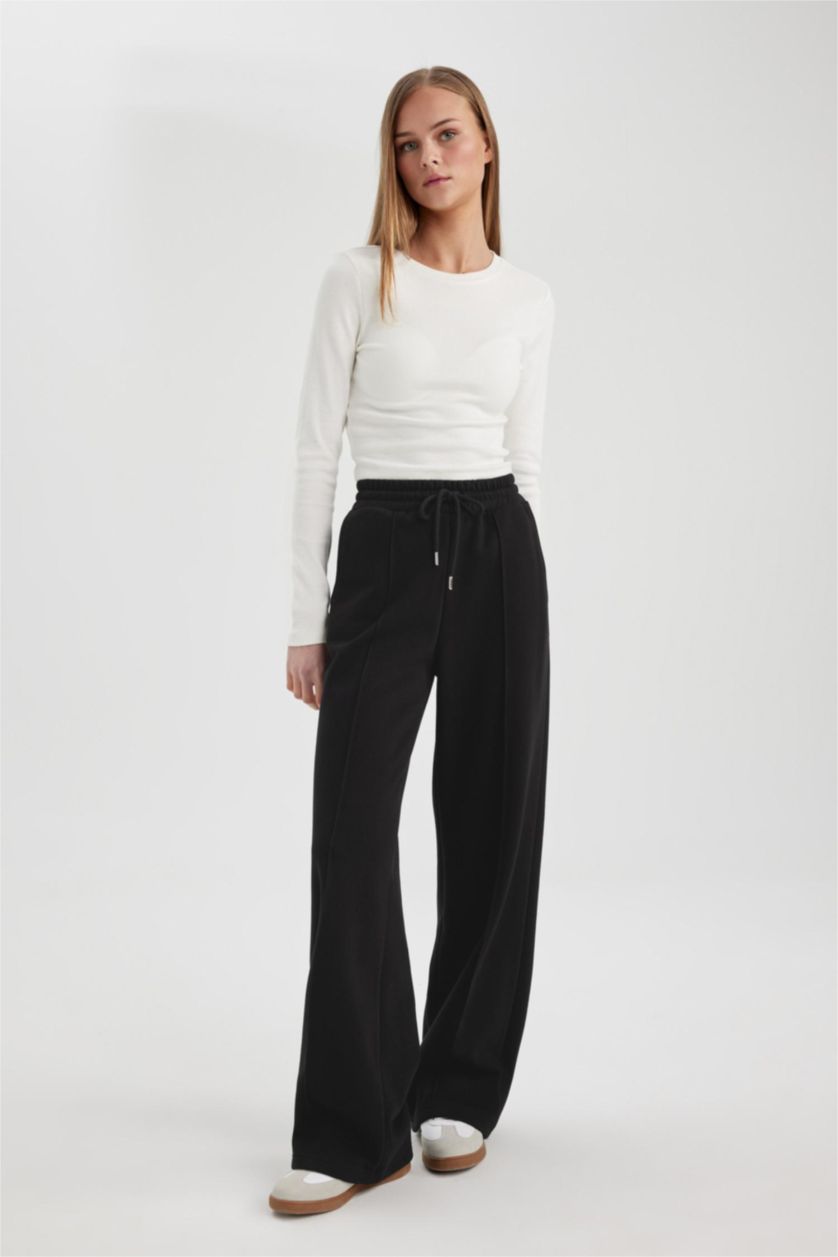 WOMAN Black Straight Fit Thick Sweatshirt Fabric Trousers