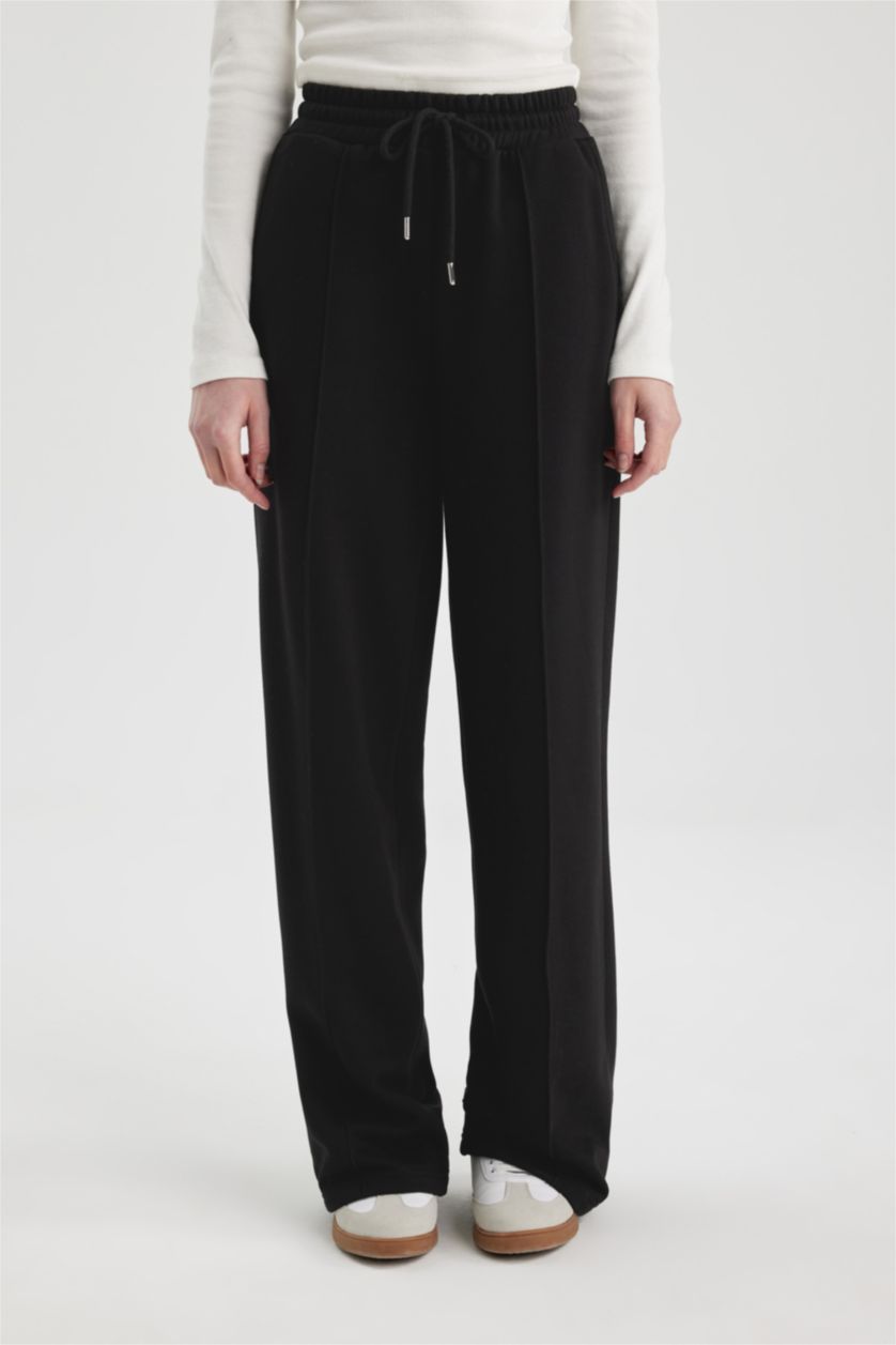 WOMAN Black Straight Fit Thick Sweatshirt Fabric Trousers