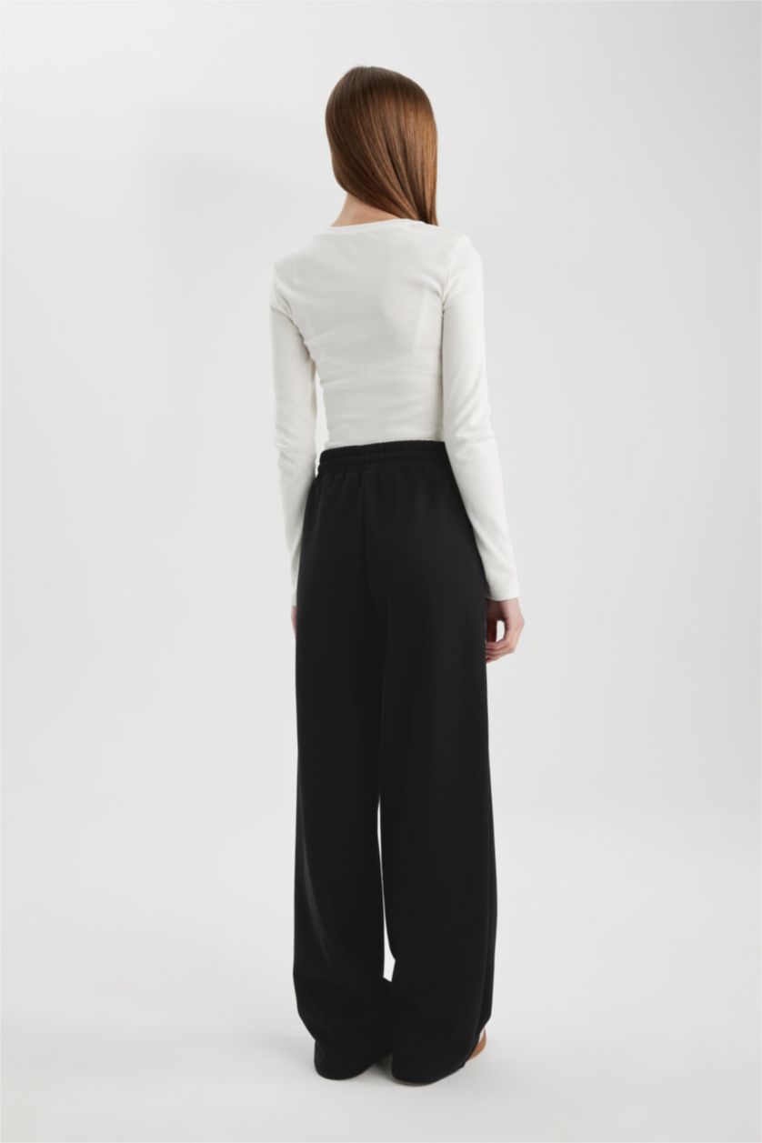 WOMAN Black Straight Fit Thick Sweatshirt Fabric Trousers