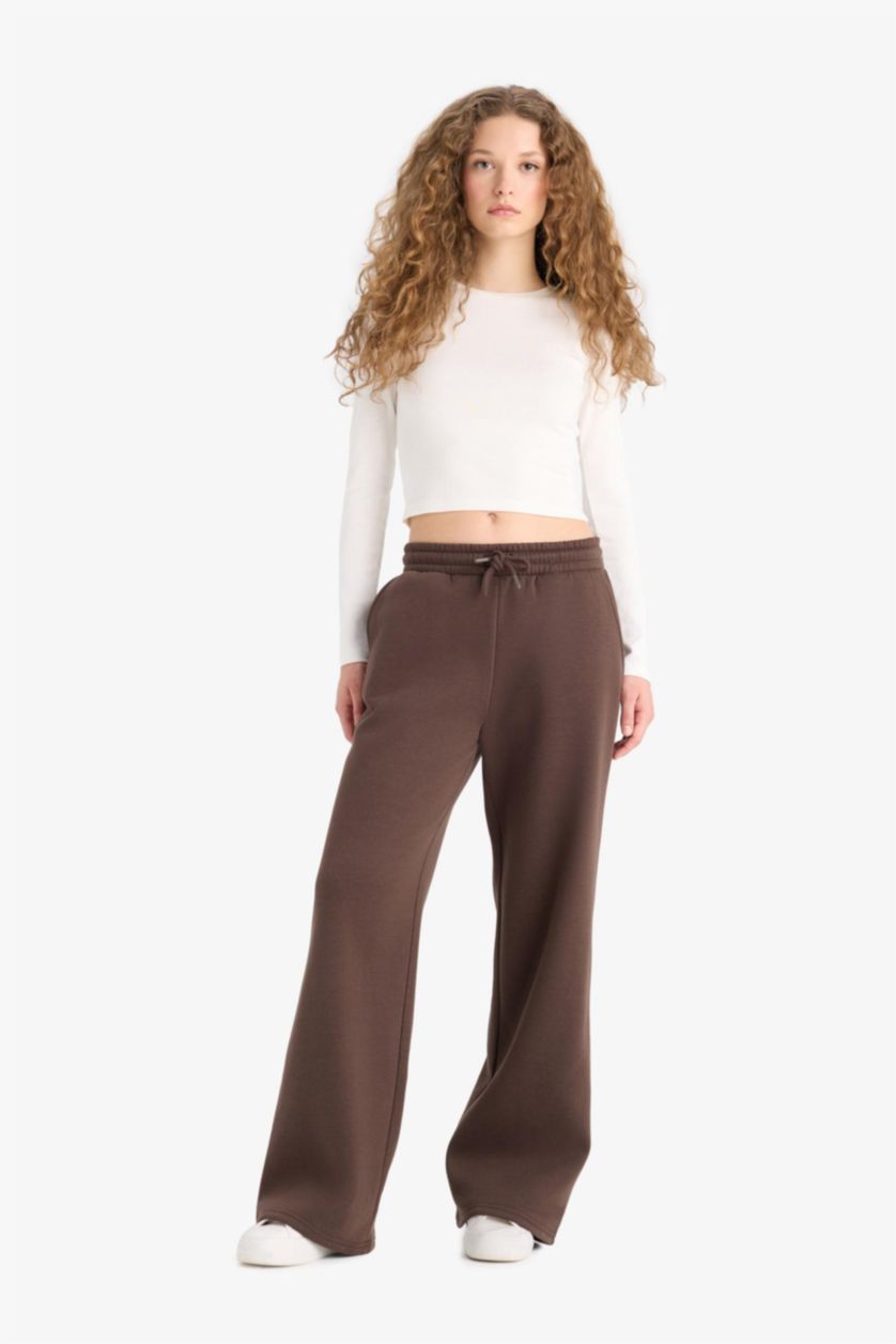 Kadın Kahve Straight Fit Beli Bağcıklı Cepli Düz Paça Eşofman Altı