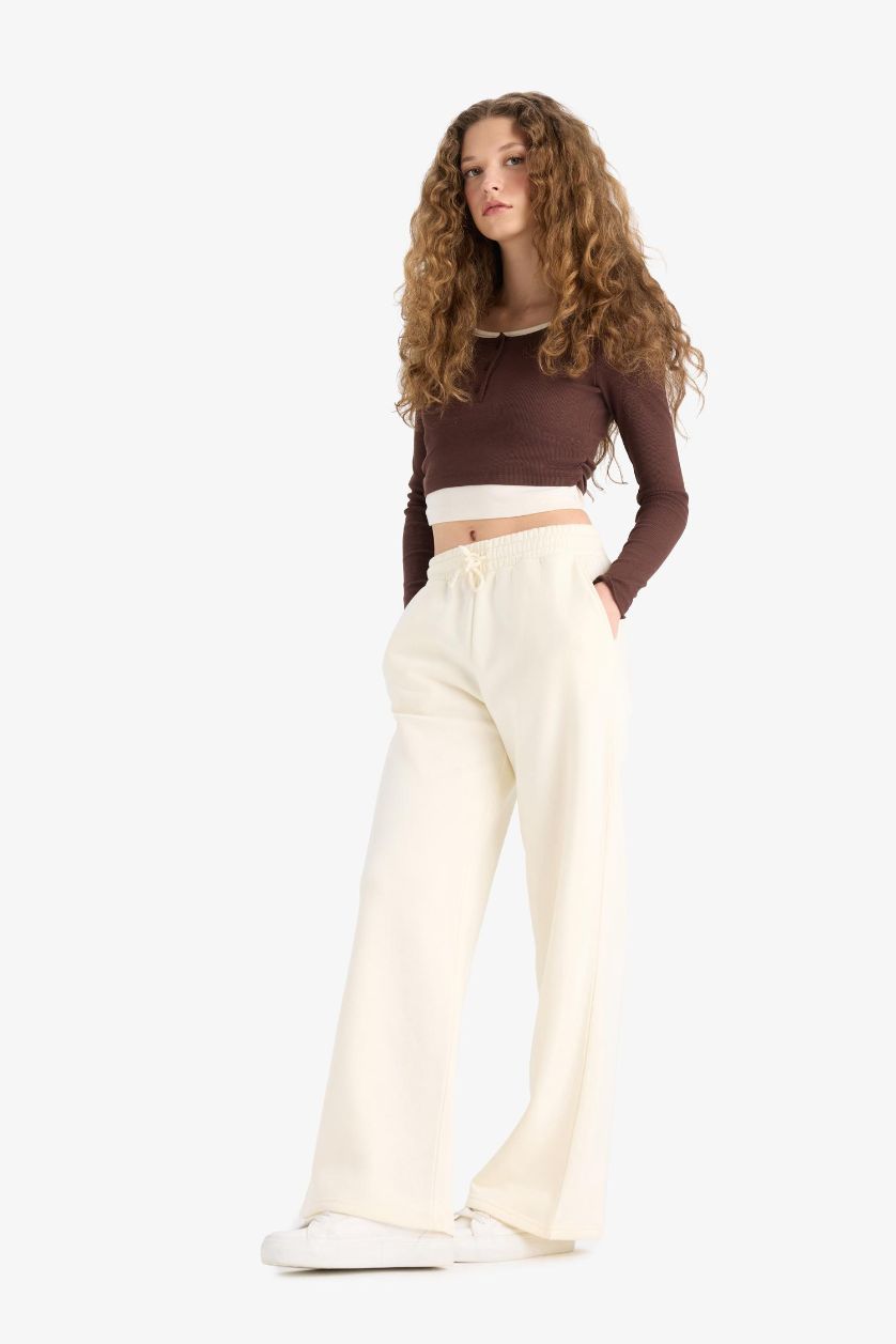 WOMAN Ecru Straight Fit Thick Sweatshirt Fabric Regular Hem Trousers