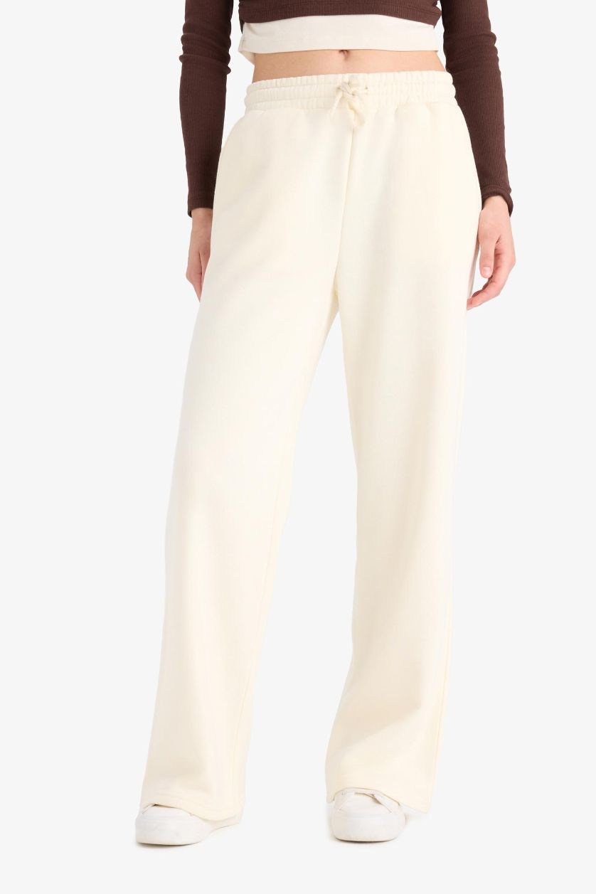 WOMAN Ecru Straight Fit Thick Sweatshirt Fabric Regular Hem Trousers
