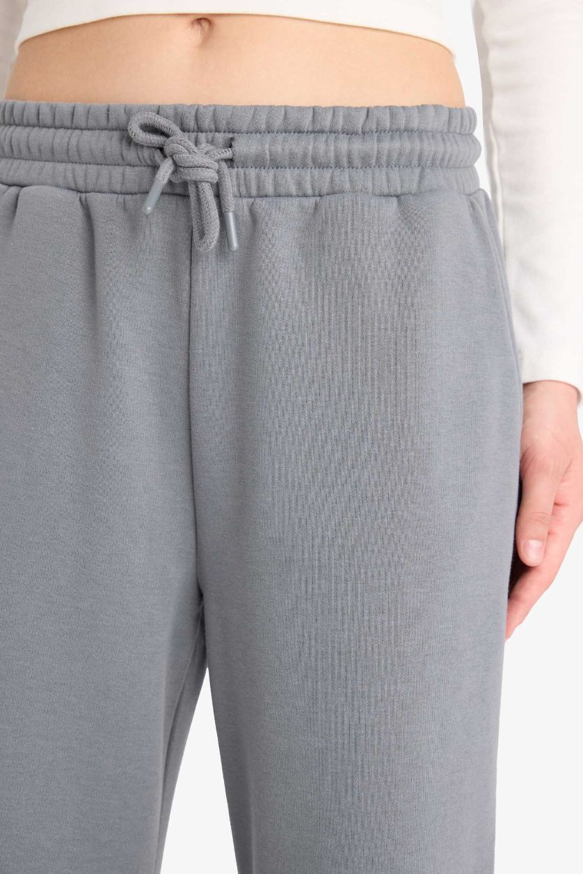 Woman Grey Straight Fit Thick Sweatshirt Fabric Regular Hem Trousers