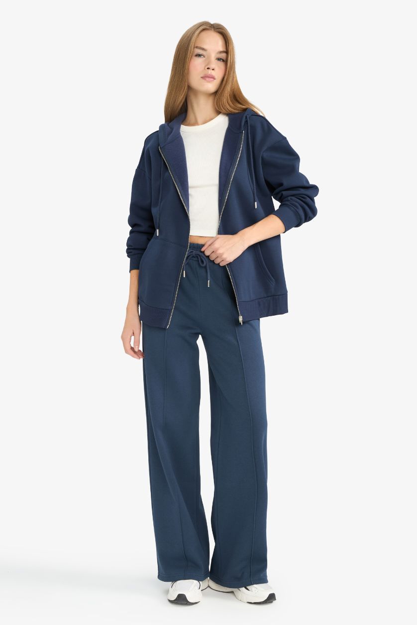 Kadın Lacivert Straight Fit Beli Bağcıklı Cepli Düz Paça Eşofman Altı