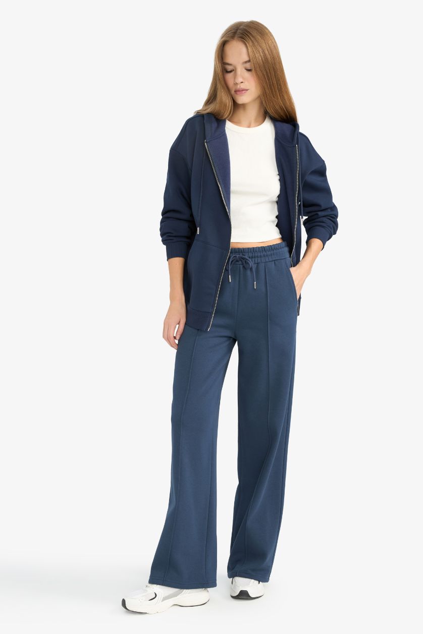 Kadın Lacivert Straight Fit Beli Bağcıklı Cepli Düz Paça Eşofman Altı