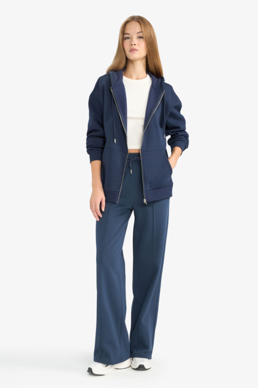 Kadın Lacivert Straight Fit Beli Bağcıklı Cepli Düz Paça Eşofman Altı