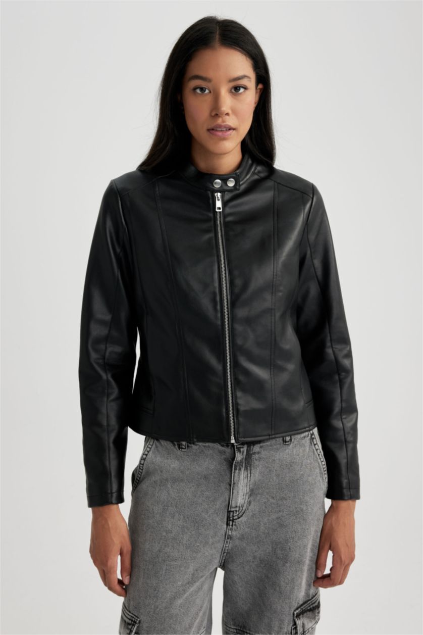 نساء أسود قمصلة جلد صناعي قصة عادية مقاوم للماء