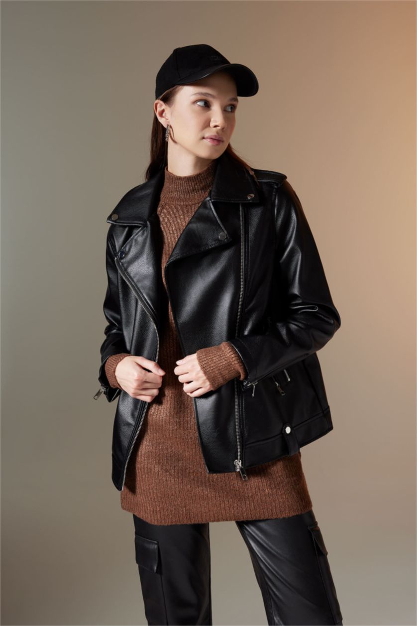 نساء أسود Waterproof Faux Leather Jacket
