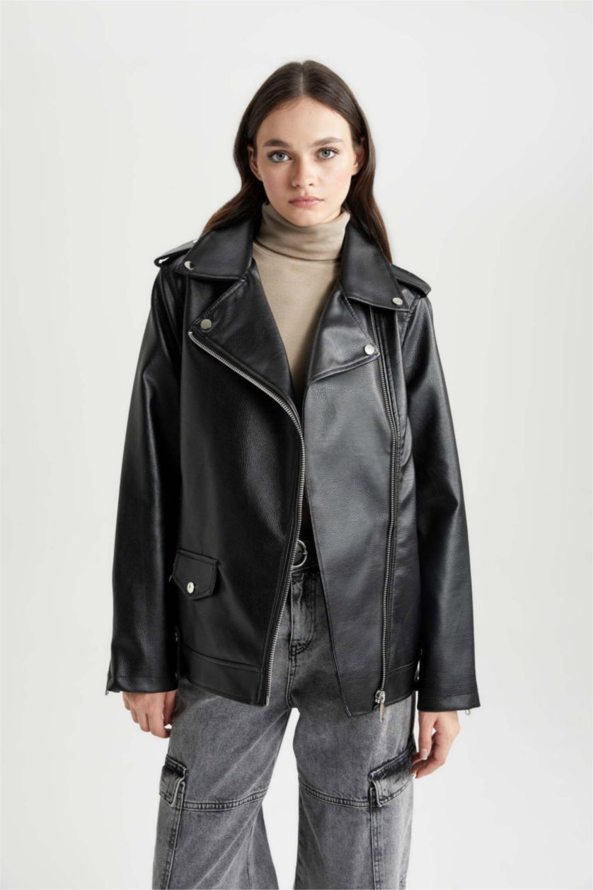 نساء أسود Waterproof Faux Leather Jacket