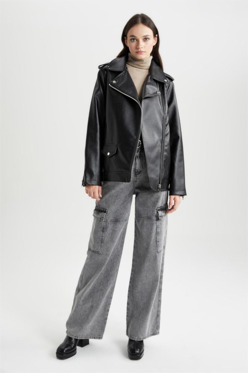 نساء أسود Waterproof Faux Leather Jacket