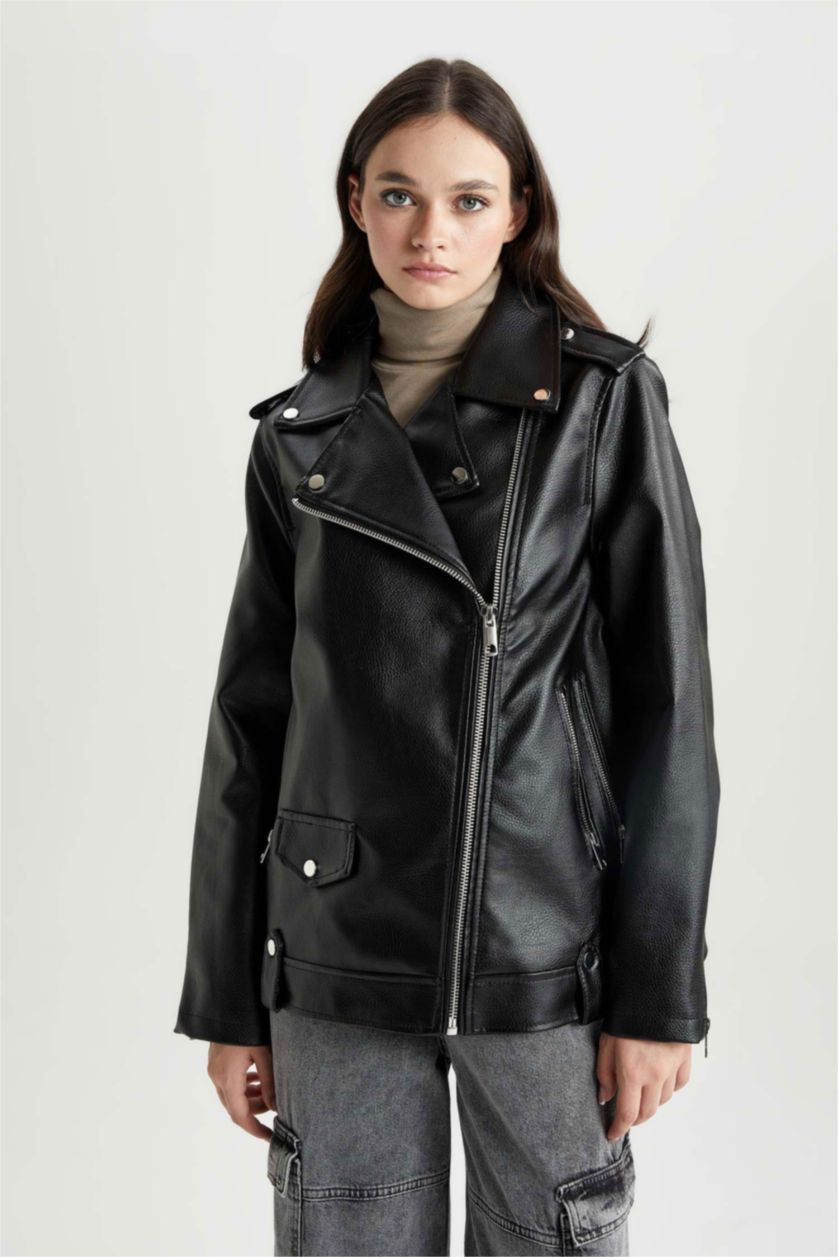نساء أسود Waterproof Faux Leather Jacket