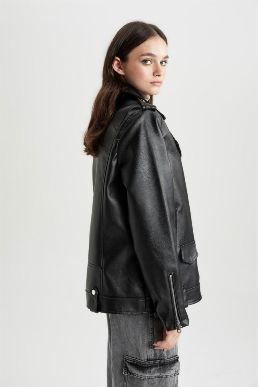نساء أسود Waterproof Faux Leather Jacket