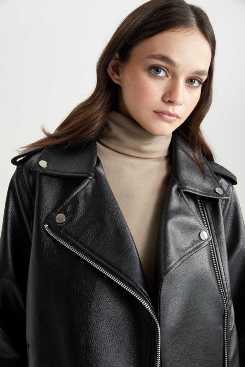 نساء أسود Waterproof Faux Leather Jacket