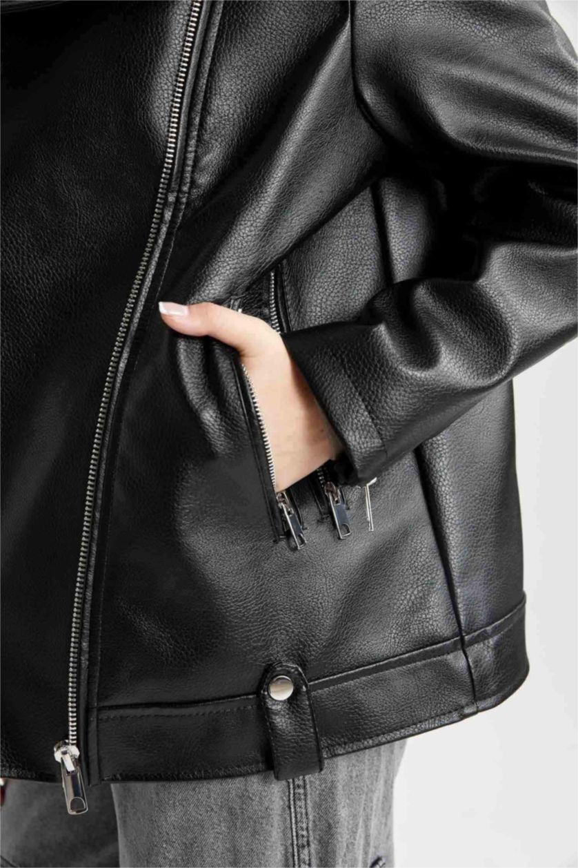نساء أسود Waterproof Faux Leather Jacket