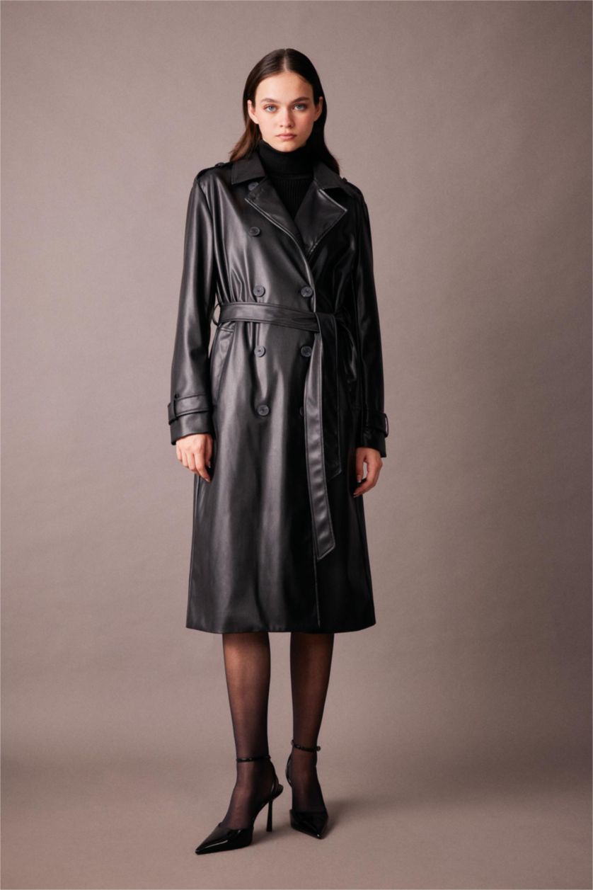 Kadın Siyah Su Geçirmez Regular Fıt Suni Deri Trençkot